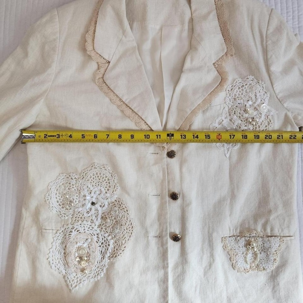 Vintage Applique Blazer Cream Beige Buttoned Career Jacket 80's L - Picture 6 of 6